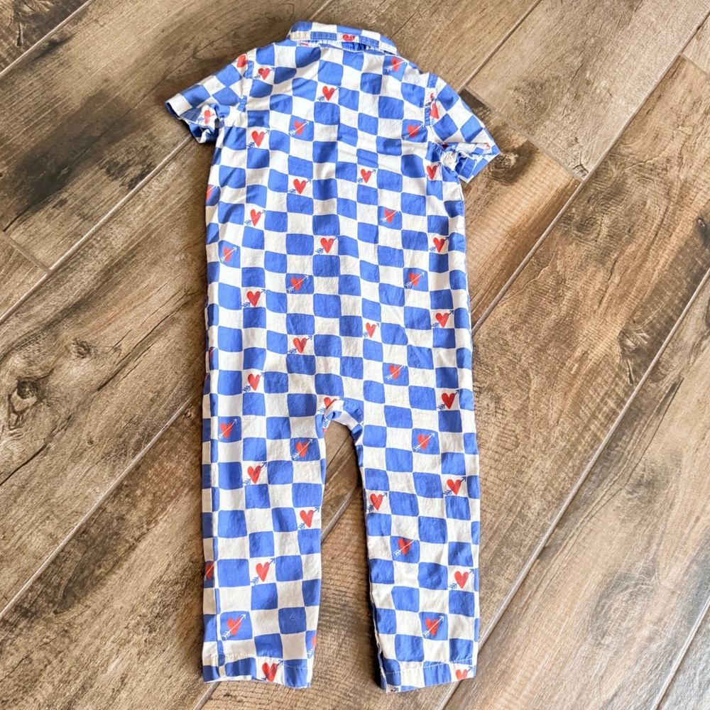 Hanna Andersson Toddler Checkered Heart Coveralls Romper, Blue White Red, 3T - Picture 5 of 9